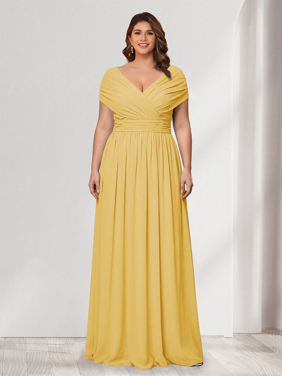 A-Line/Princess V-Neck Short Sleeves Chiffon Plus Size Bridesmaid Dresses With Bowknot Mustard Yellow