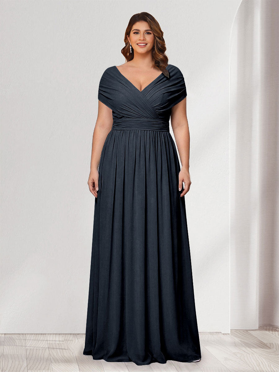 A-Line/Princess V-Neck Short Sleeves Chiffon Plus Size Bridesmaid Dresses With Bowknot Navy Blue