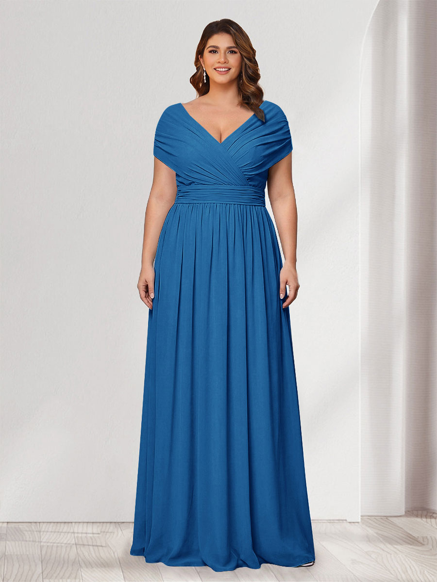 A-Line/Princess V-Neck Short Sleeves Chiffon Plus Size Bridesmaid Dresses With Bowknot Ocean Blue