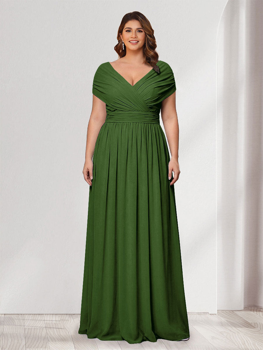A-Line/Princess V-Neck Short Sleeves Chiffon Plus Size Bridesmaid Dresses With Bowknot Olive Green