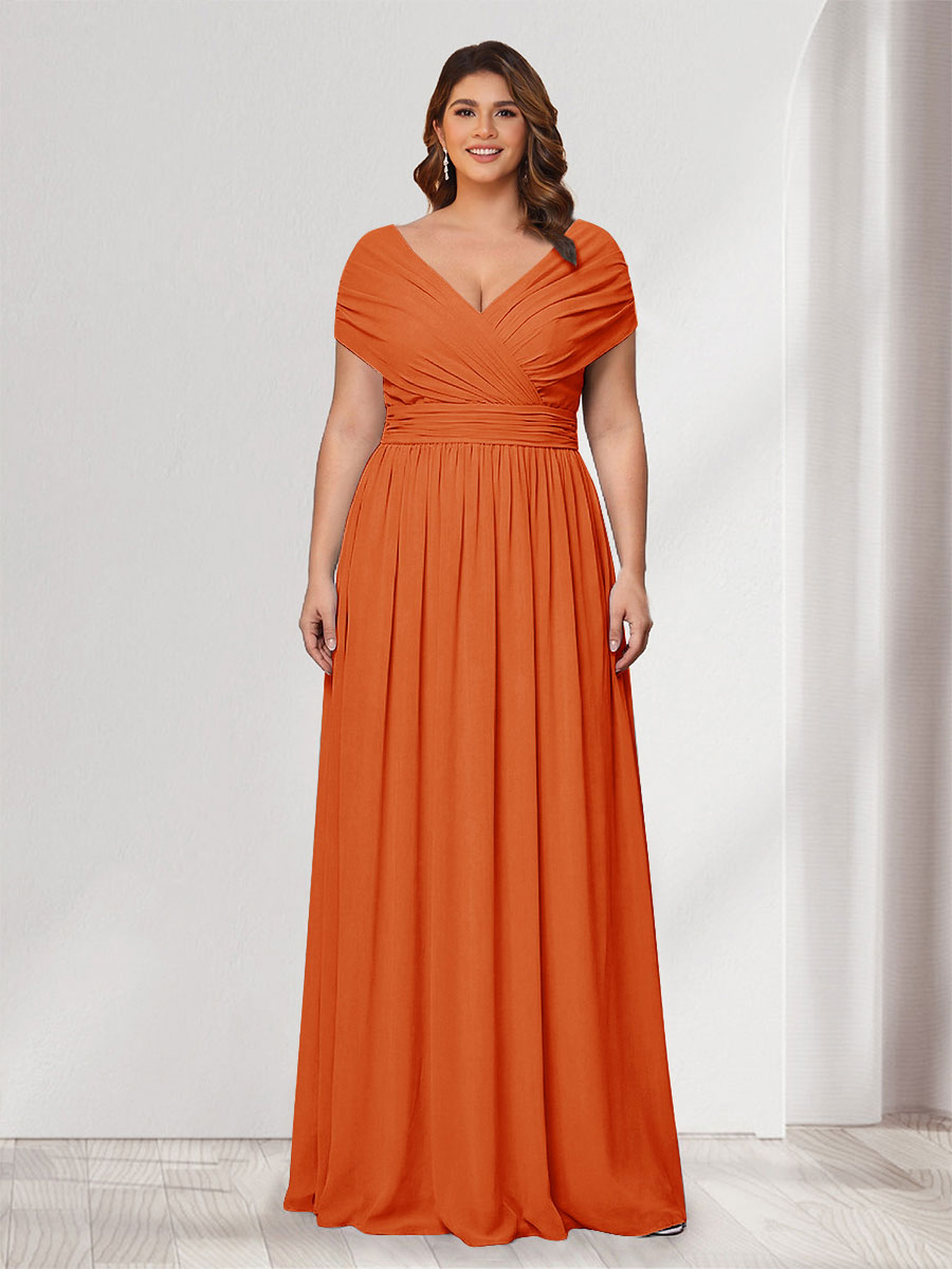 A-Line/Princess V-Neck Short Sleeves Chiffon Plus Size Bridesmaid Dresses With Bowknot Orange