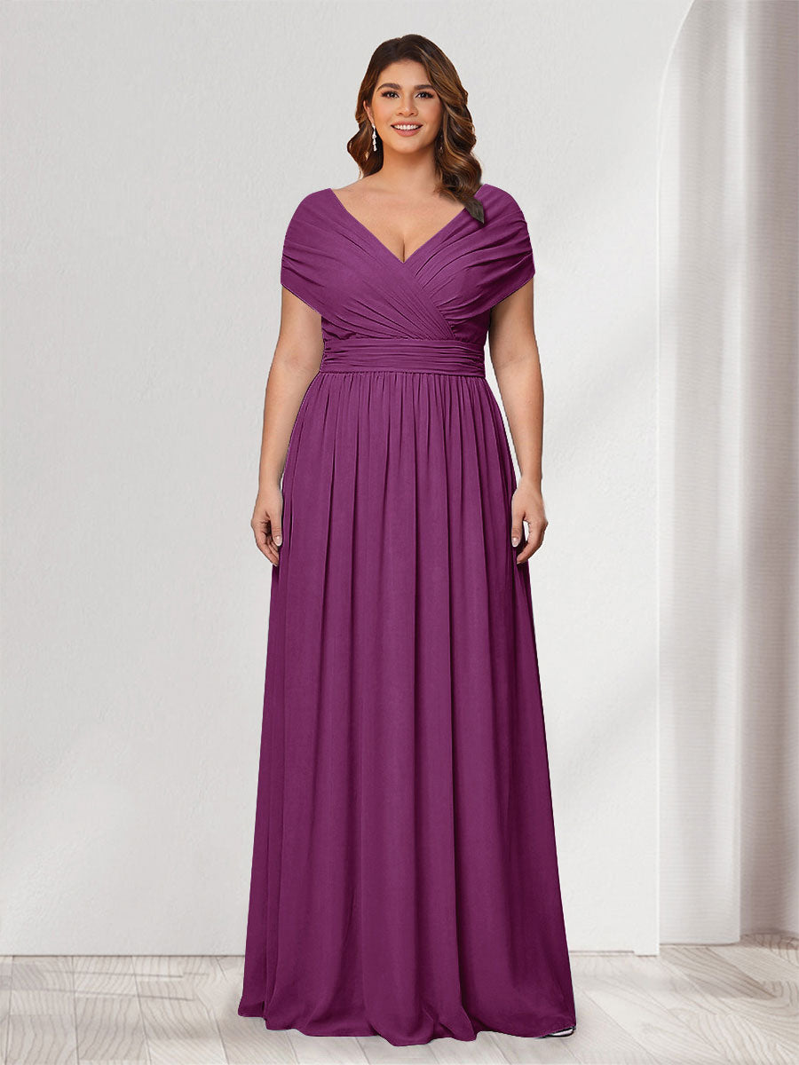 A-Line/Princess V-Neck Short Sleeves Chiffon Plus Size Bridesmaid Dresses With Bowknot Orchid