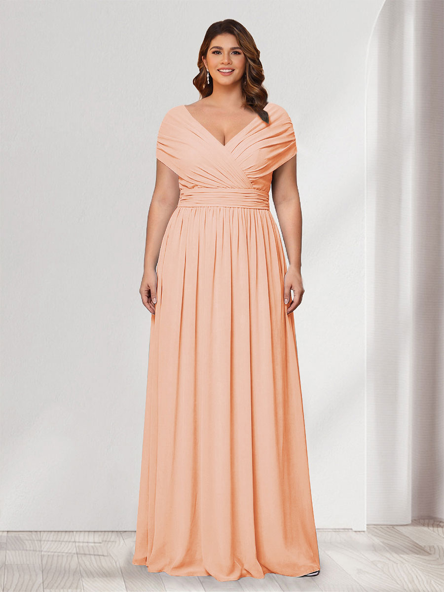 A-Line/Princess V-Neck Short Sleeves Chiffon Plus Size Bridesmaid Dresses With Bowknot Peach Pink