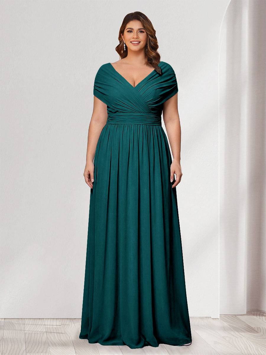 A-Line/Princess V-Neck Short Sleeves Chiffon Plus Size Bridesmaid Dresses With Bowknot Peacock