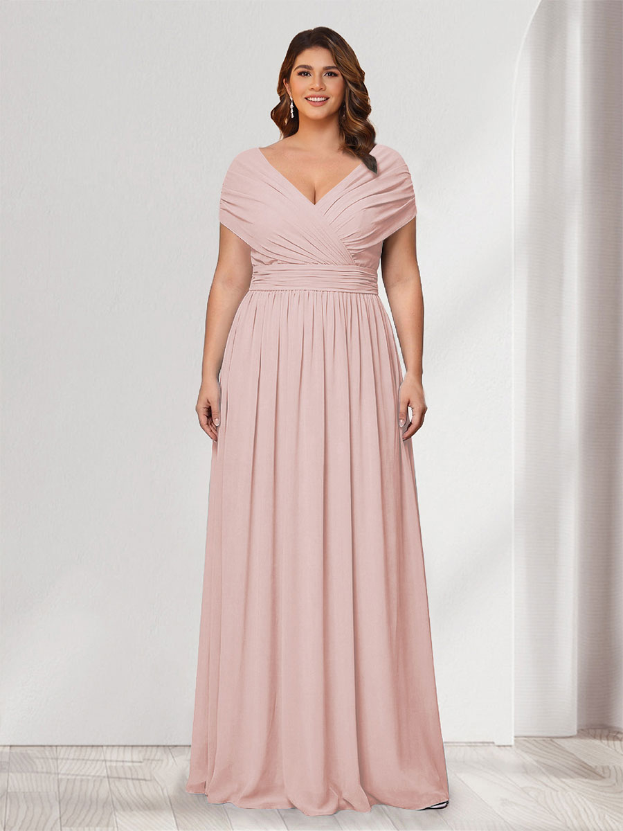 A-Line/Princess V-Neck Short Sleeves Chiffon Plus Size Bridesmaid Dresses With Bowknot Pearl Pink
