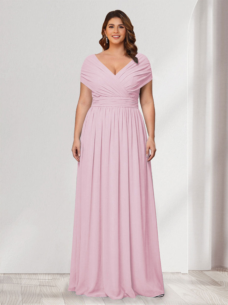 A-Line/Princess V-Neck Short Sleeves Chiffon Plus Size Bridesmaid Dresses With Bowknot Pink