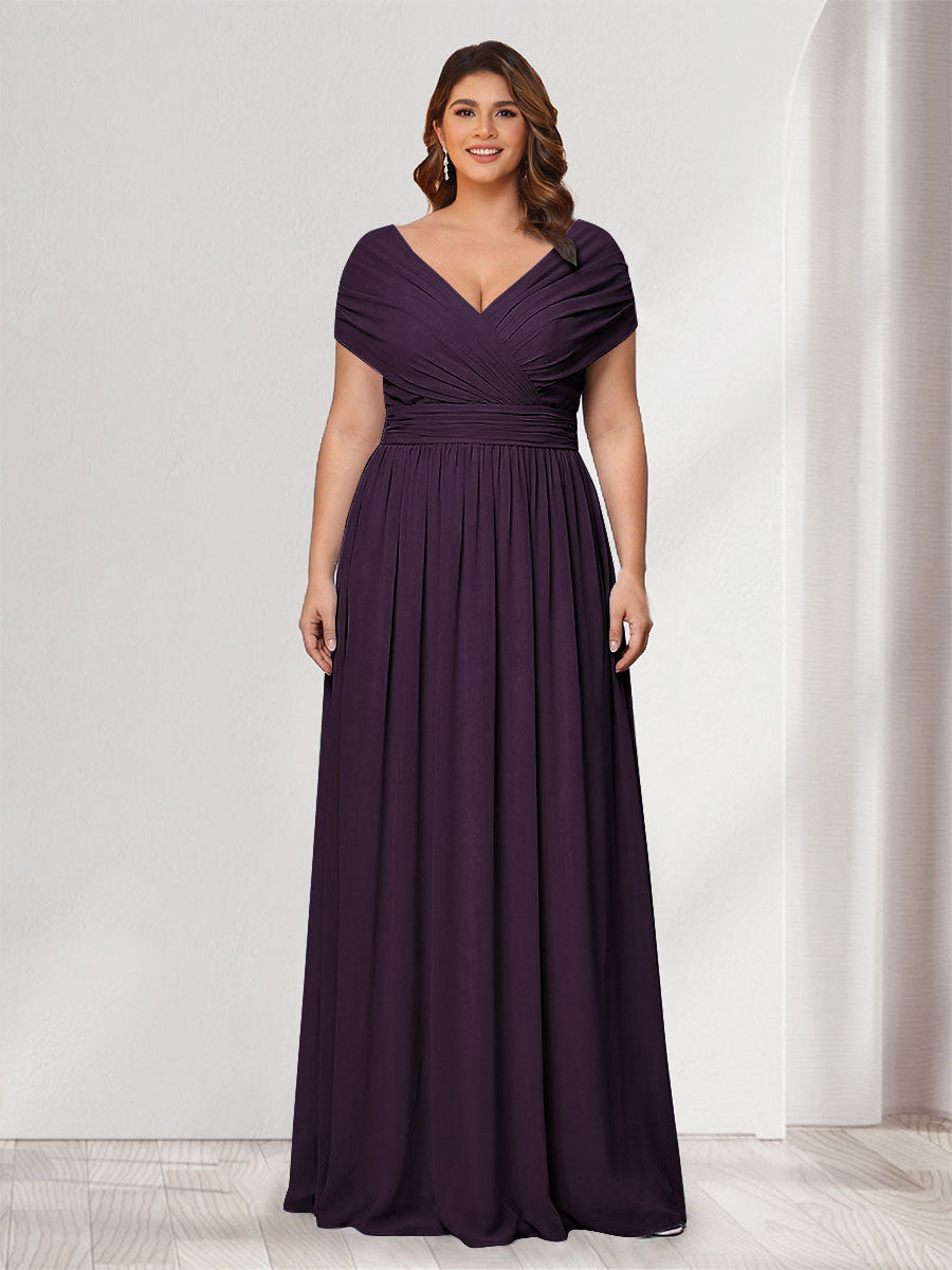 A-Line/Princess V-Neck Short Sleeves Chiffon Plus Size Bridesmaid Dresses With Bowknot Plum