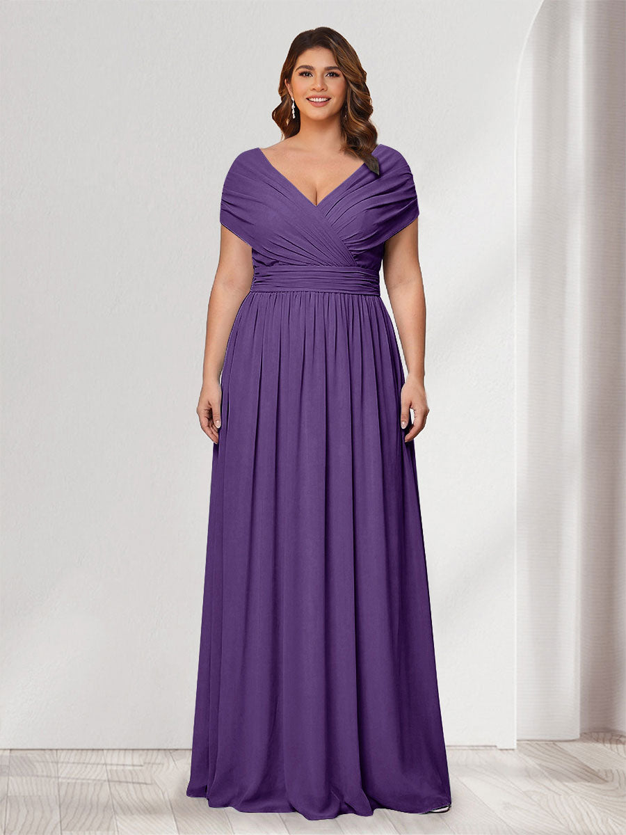 A-Line/Princess V-Neck Short Sleeves Chiffon Plus Size Bridesmaid Dresses With Bowknot Purple