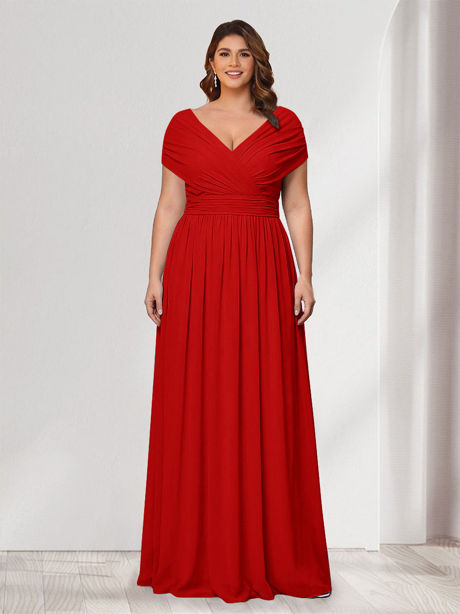 A-Line/Princess V-Neck Short Sleeves Chiffon Plus Size Bridesmaid Dresses With Bowknot Red