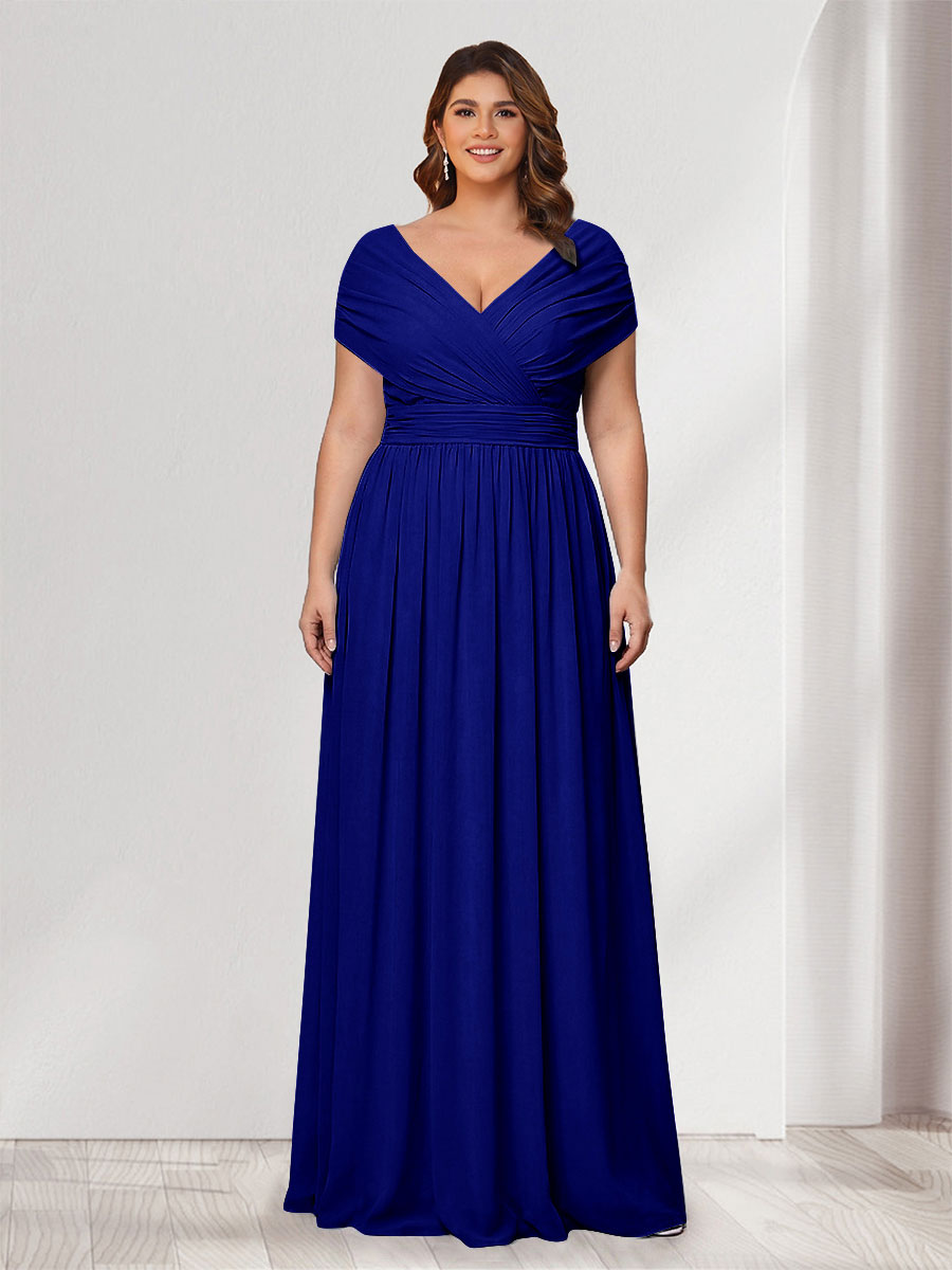 A-Line/Princess V-Neck Short Sleeves Chiffon Plus Size Bridesmaid Dresses With Bowknot Royal Blue
