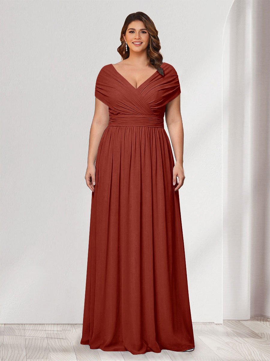 A-Line/Princess V-Neck Short Sleeves Chiffon Plus Size Bridesmaid Dresses With Bowknot Rust