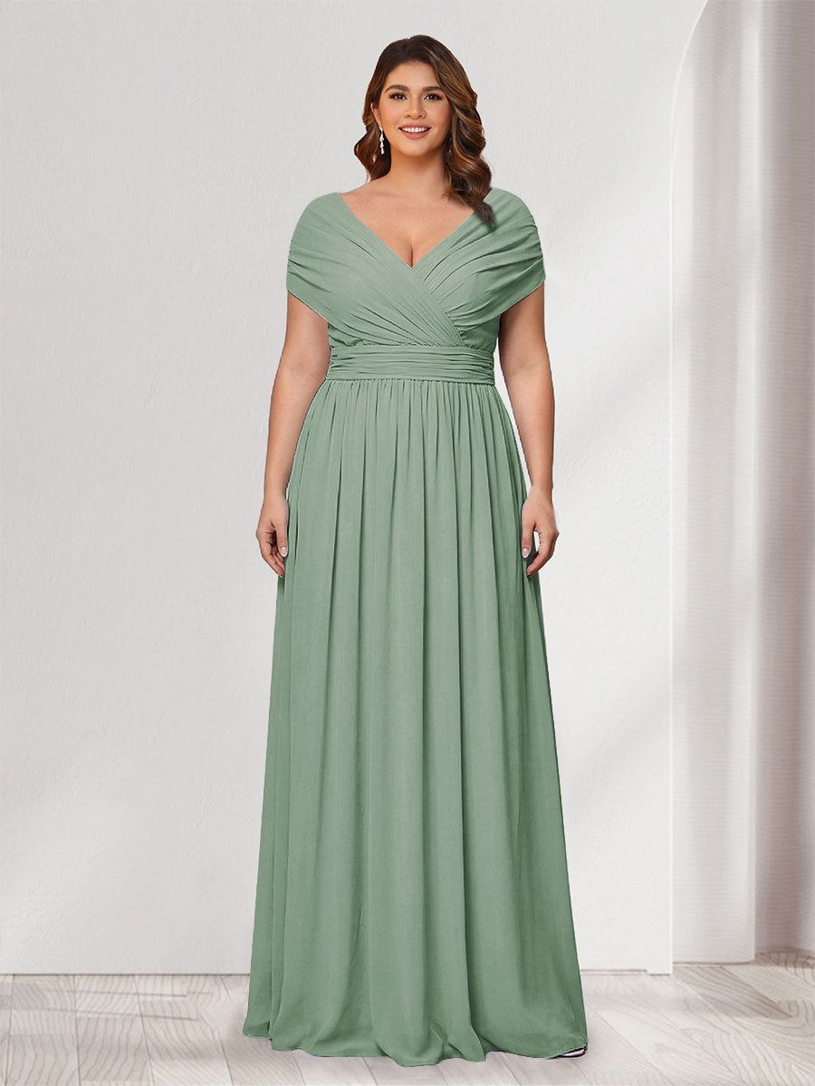 A-Line/Princess V-Neck Short Sleeves Chiffon Plus Size Bridesmaid Dresses With Bowknot Sage