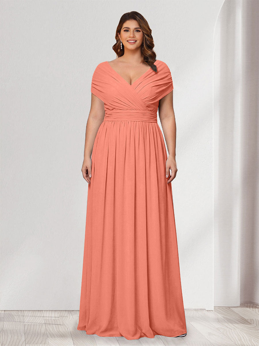 A-Line/Princess V-Neck Short Sleeves Chiffon Plus Size Bridesmaid Dresses With Bowknot Salmon