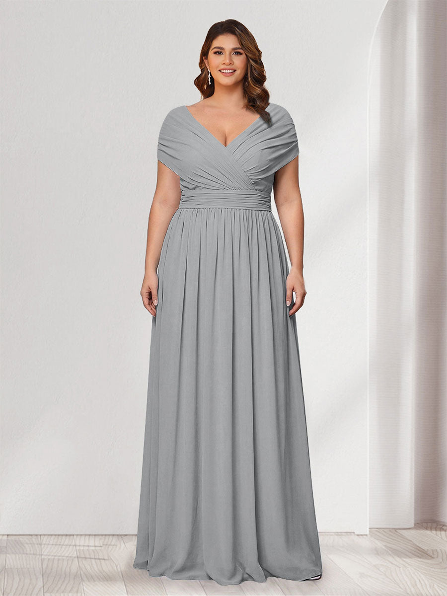 A-Line/Princess V-Neck Short Sleeves Chiffon Plus Size Bridesmaid Dresses With Bowknot Silver