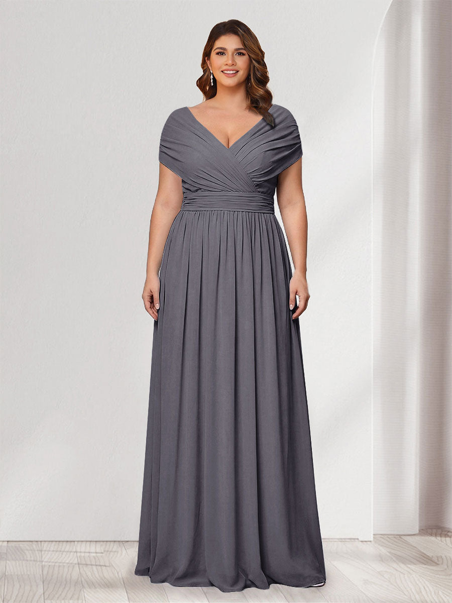 A-Line/Princess V-Neck Short Sleeves Chiffon Plus Size Bridesmaid Dresses With Bowknot Silver Gray