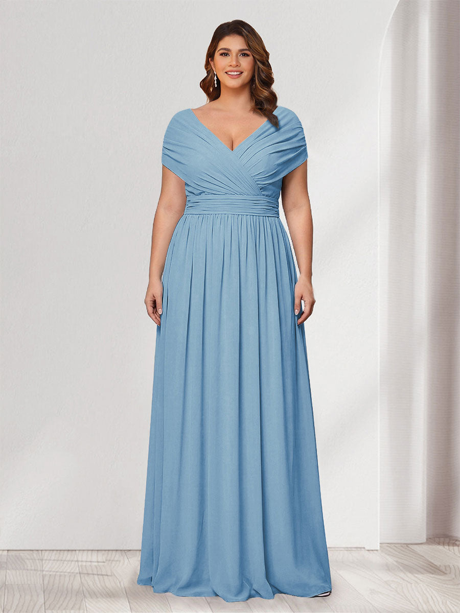 A-Line/Princess V-Neck Short Sleeves Chiffon Plus Size Bridesmaid Dresses With Bowknot Sky Blue