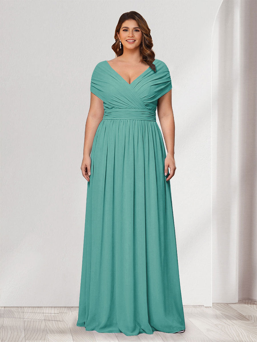 A-Line/Princess V-Neck Short Sleeves Chiffon Plus Size Bridesmaid Dresses With Bowknot Spa