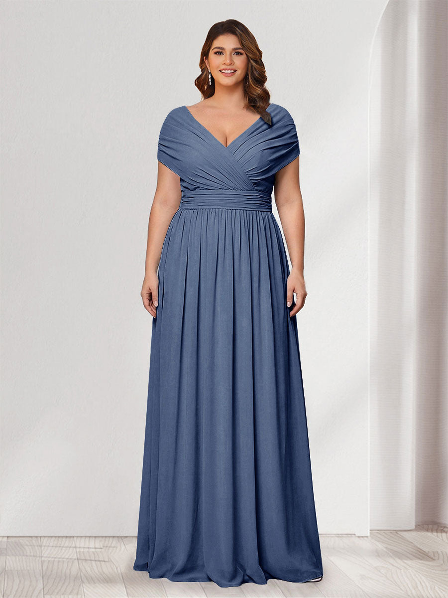 A-Line/Princess V-Neck Short Sleeves Chiffon Plus Size Bridesmaid Dresses With Bowknot Steel Blue