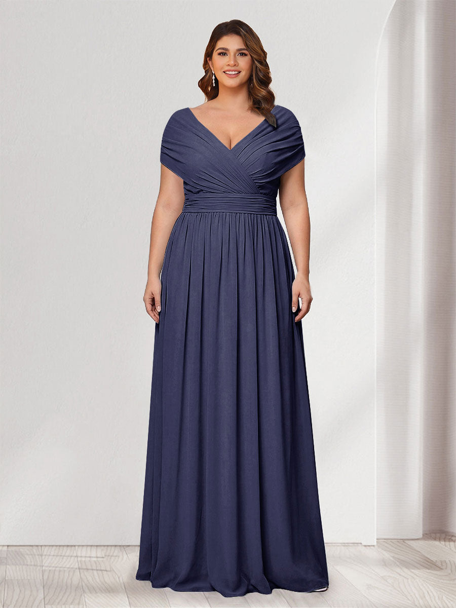 A-Line/Princess V-Neck Short Sleeves Chiffon Plus Size Bridesmaid Dresses With Bowknot Stormy Blue