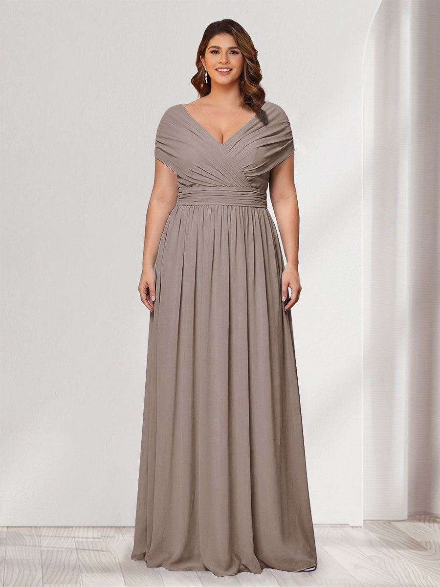 A-Line/Princess V-Neck Short Sleeves Chiffon Plus Size Bridesmaid Dresses With Bowknot Taupe