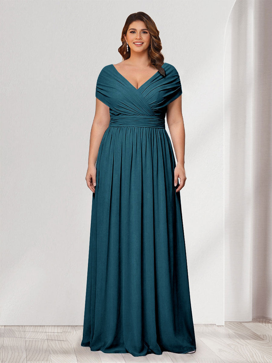 A-Line/Princess V-Neck Short Sleeves Chiffon Plus Size Bridesmaid Dresses With Bowknot Teal