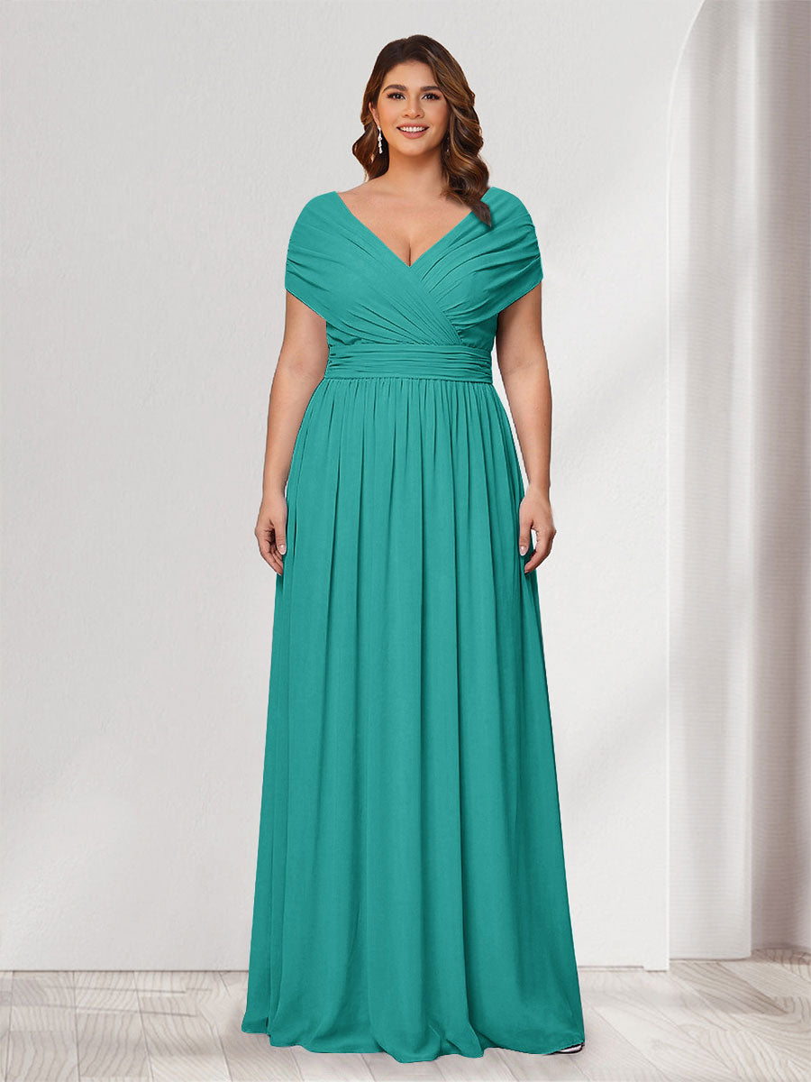 A-Line/Princess V-Neck Short Sleeves Chiffon Plus Size Bridesmaid Dresses With Bowknot Turquoise