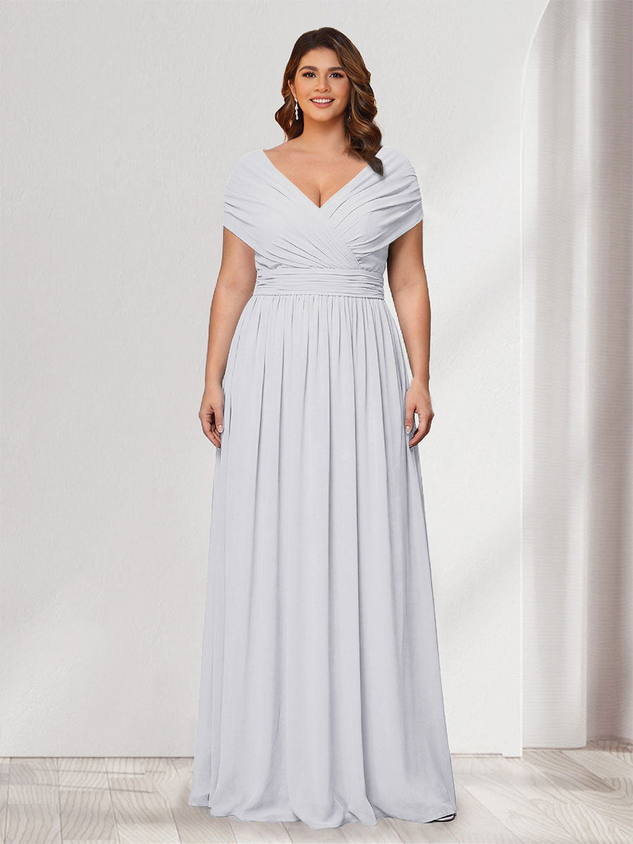 A-Line/Princess V-Neck Short Sleeves Chiffon Plus Size Bridesmaid Dresses With Bowknot White
