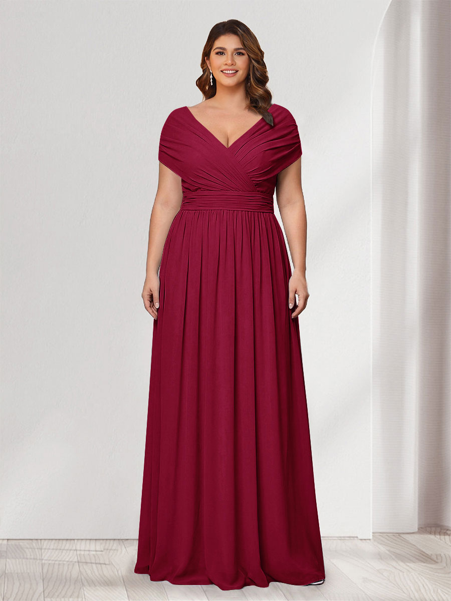 A-Line/Princess V-Neck Short Sleeves Chiffon Plus Size Bridesmaid Dresses With Bowknot Wine Red