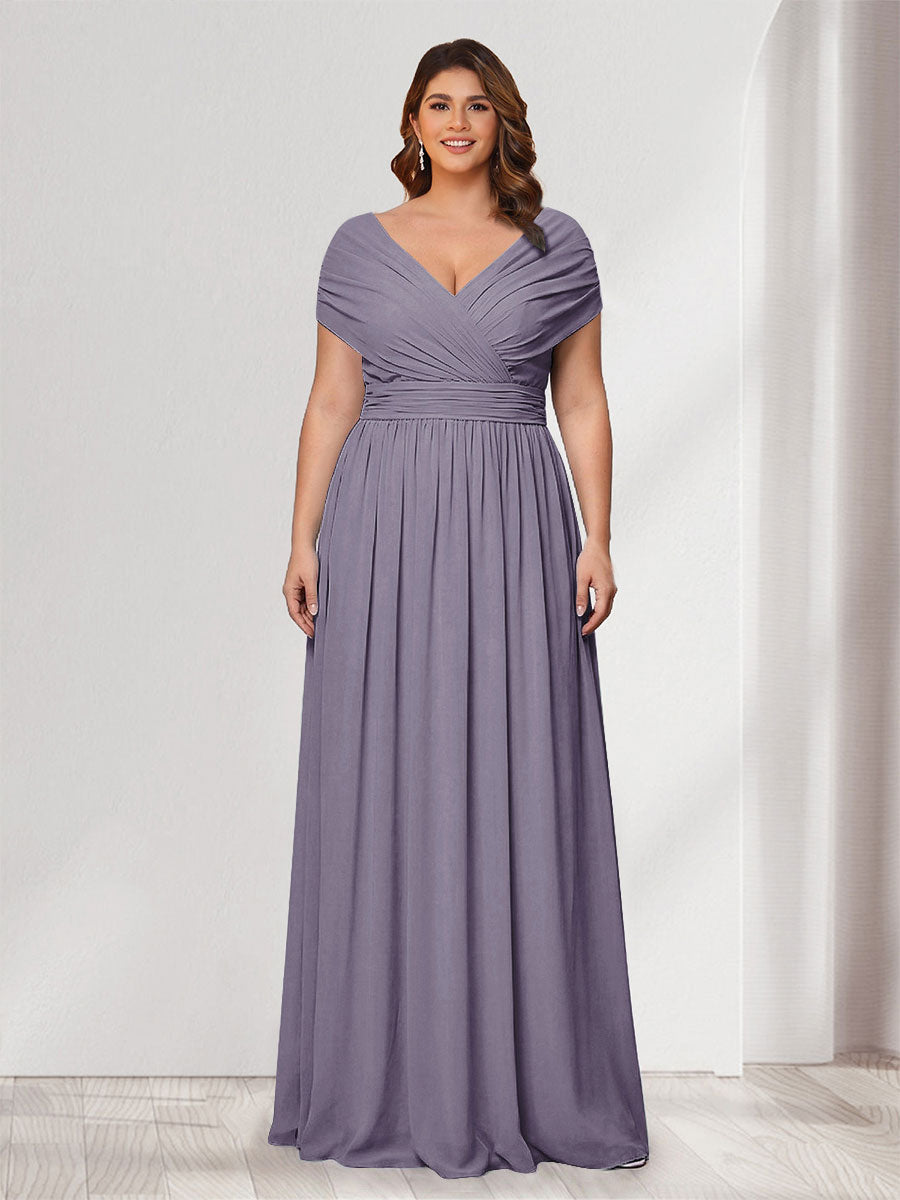 A-Line/Princess V-Neck Short Sleeves Chiffon Plus Size Bridesmaid Dresses With Bowknot Wisteria