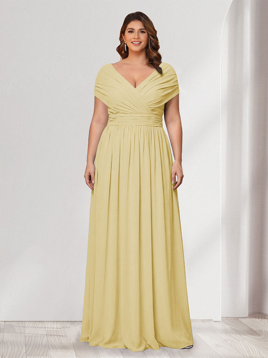 A-Line/Princess V-Neck Short Sleeves Chiffon Plus Size Bridesmaid Dresses With Bowknot Yellow