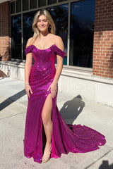 Sparkly Purple Off the Shoulder Mermaid Prom Dress with Slit