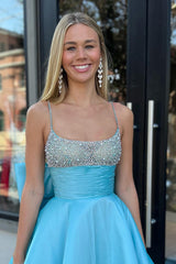 A Line Blue Beaded Long Prom Dress With Bowknot