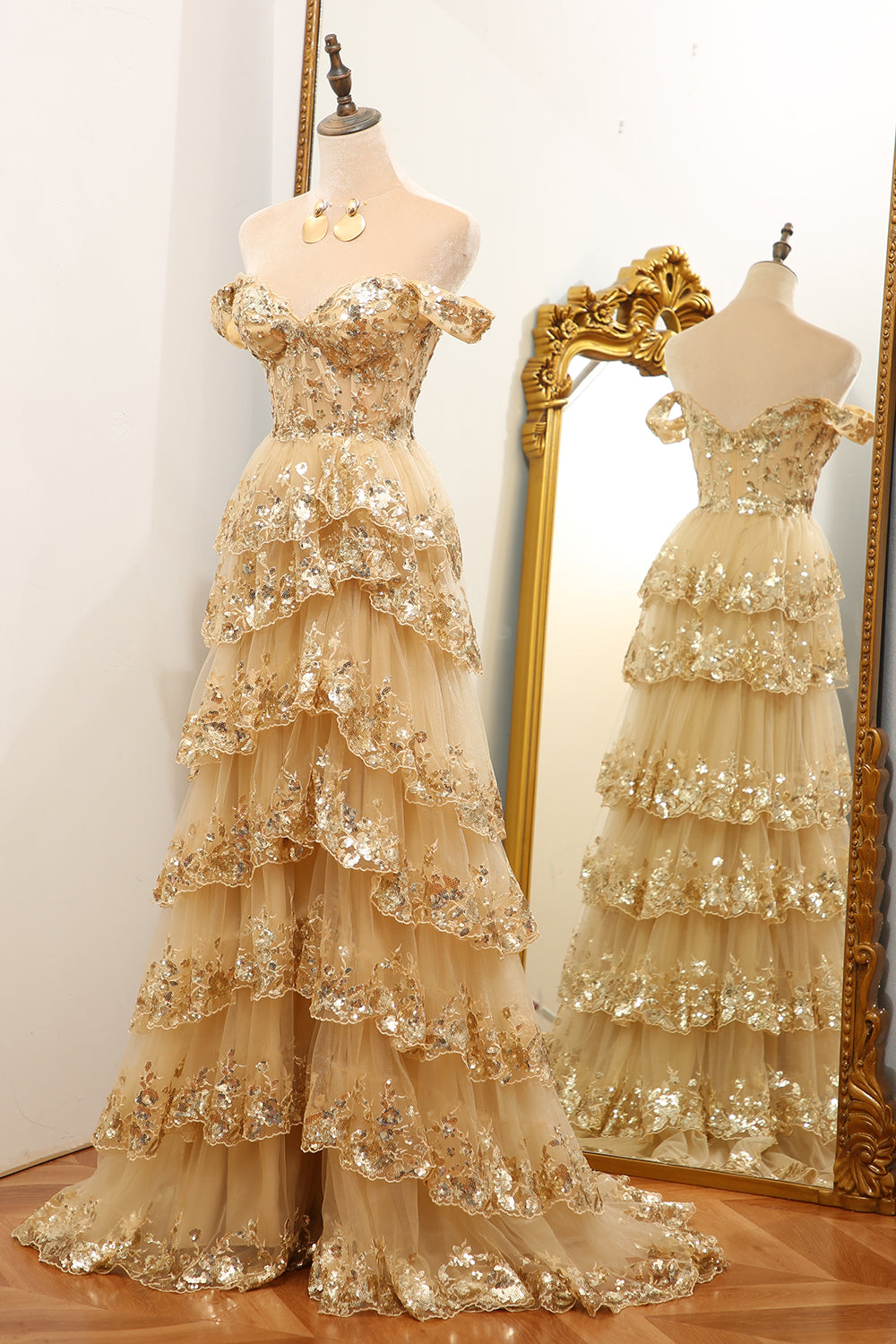 Glitter Golden A-Line Tiered Long Prom Dress with Lace