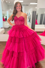 Glitter Fuchsia Tulle Tiered Corset Long Prom Dress with Lace