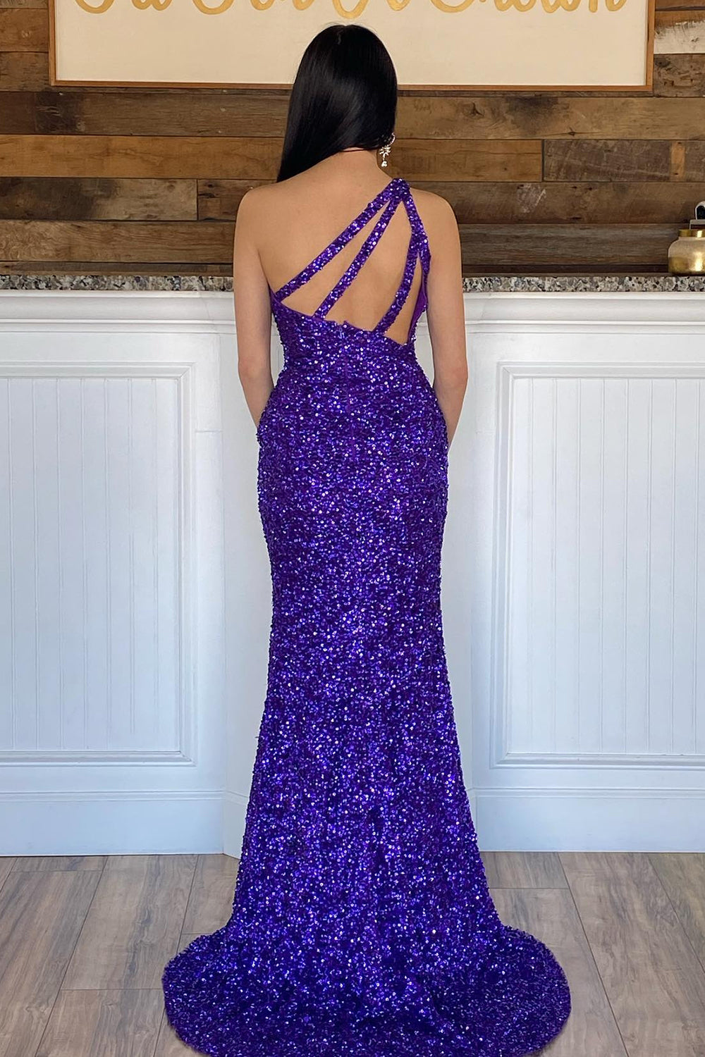 Mermaid One Shoulder Dark Purple Sequins Party Dress