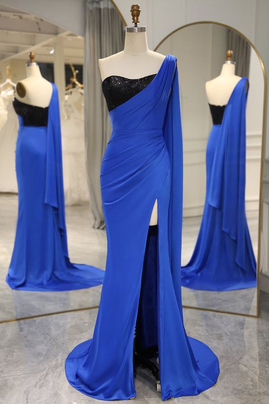 Royal Blue Mermaid One Shoulder Long Prom Dress With Slit