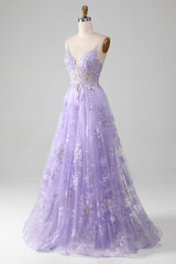 Elegant Purple A Line Tulle Long Prom Dress With Appliques