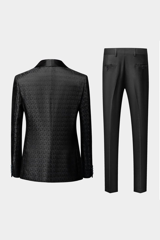 Chic Black Shawl Lapel Jacquard 3-Piece Men's Suit