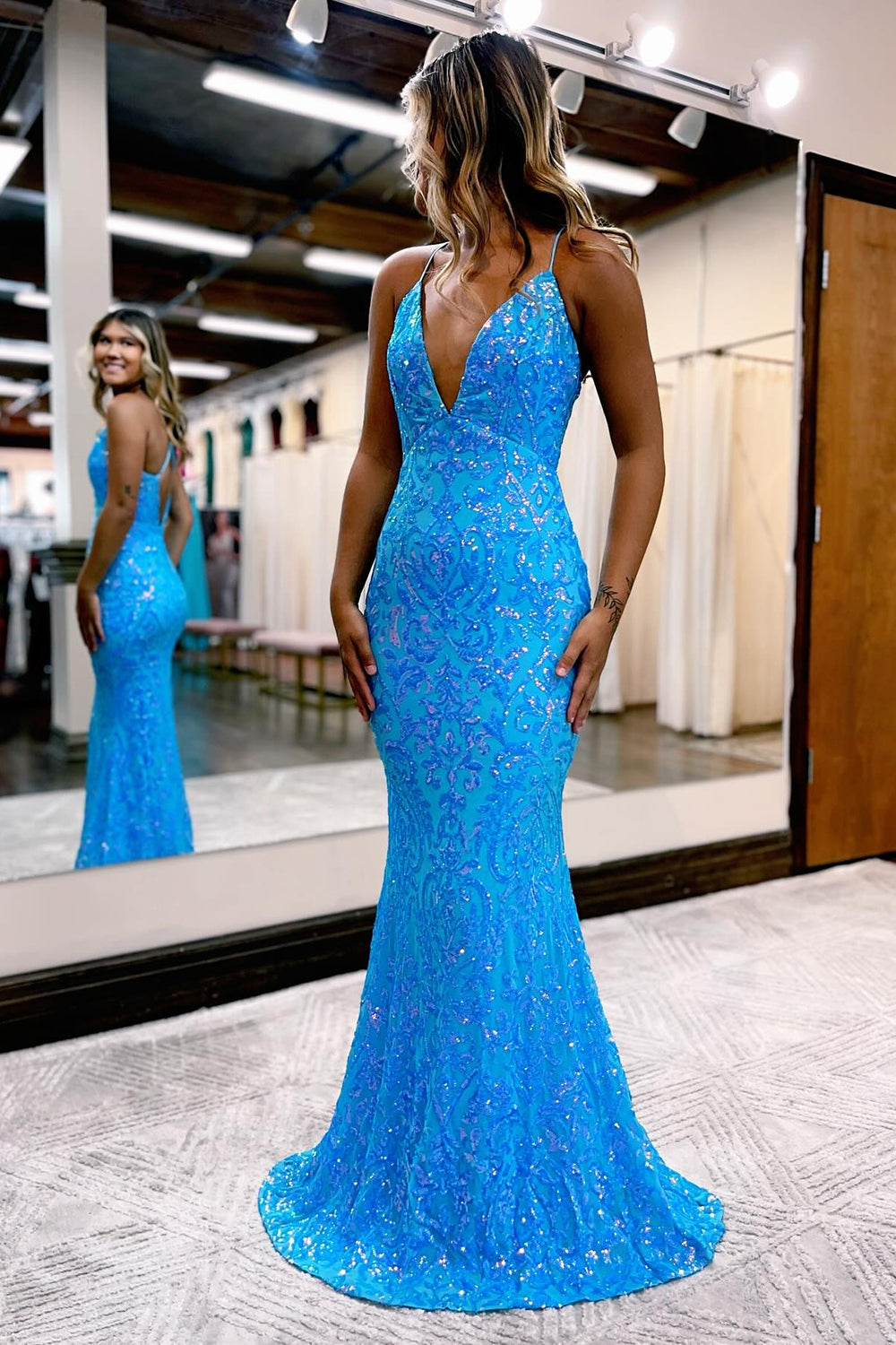 Sparkly Blue Spaghetti Straps Sequins Backless Prom Dress