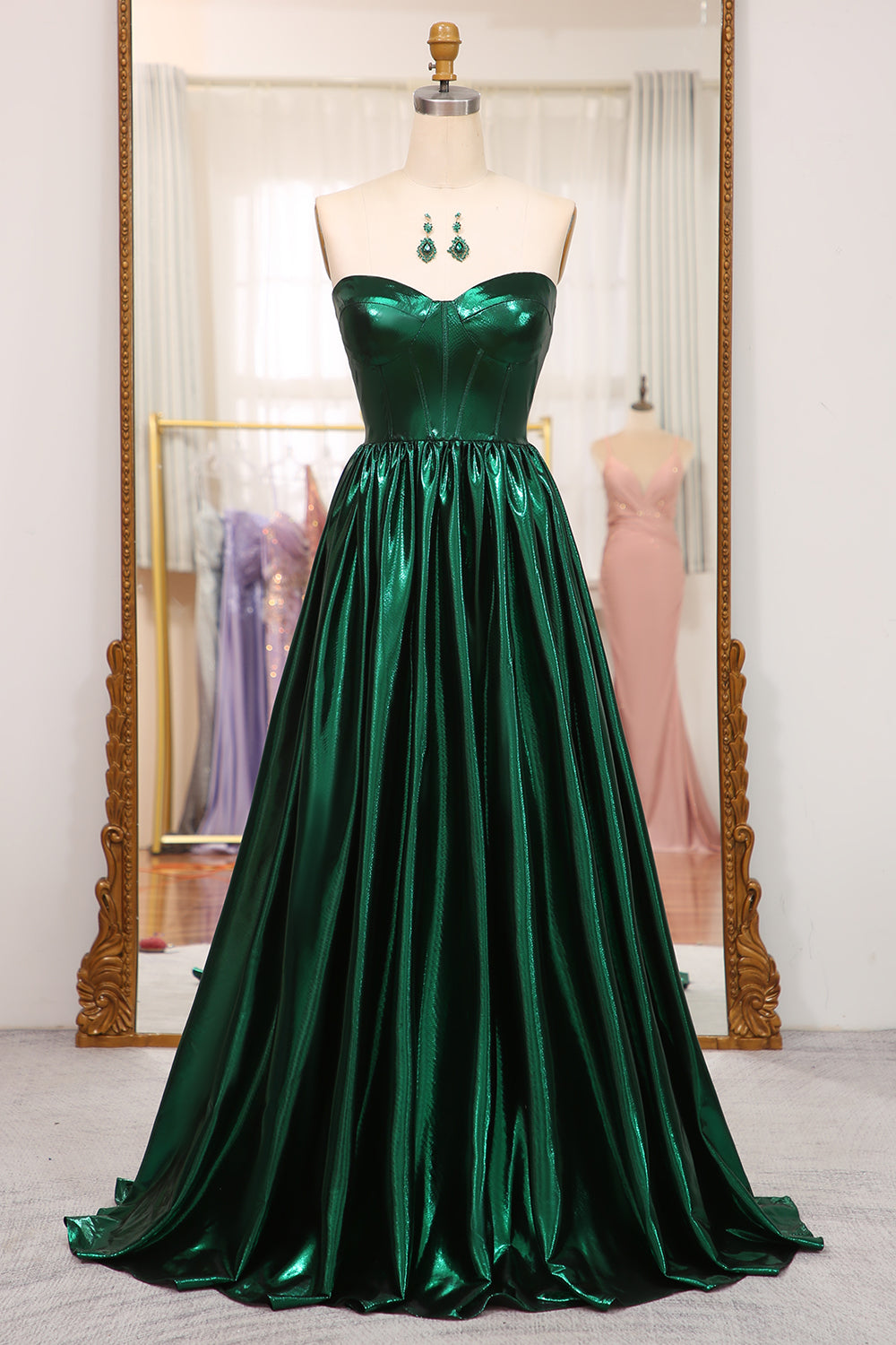 Sparkly Dark Green A Line Strapless Long Pleated Prom Dress