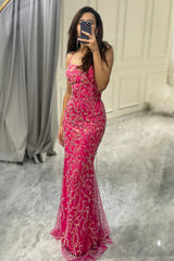 Sparkly Fuchsia Mermaid Long Appliqued Prom Dress With Slit