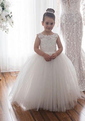 Crew Neck Tulle Appliques A Line Flower Girl Dress with Bowknot