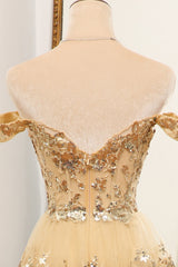 Glitter Golden A-Line Tiered Long Prom Dress with Lace