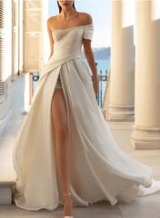 Off the shoulder Satin A-Line/Princess Wedding Dresses with Sequins Split Front