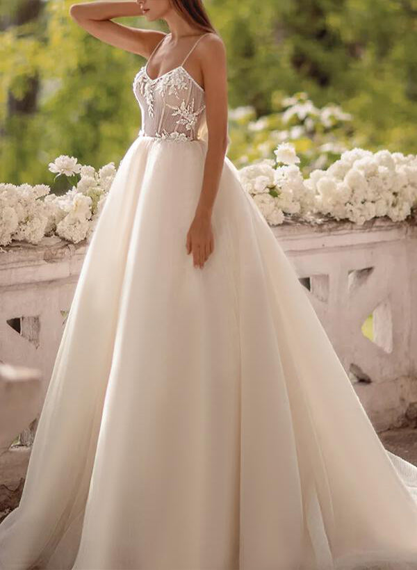 A-Line Princess V Neck Tulle Lace Sweep Train Wedding Dresses With Appliques Lace