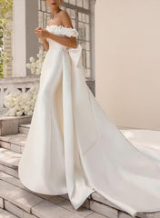 Off the shoulder Satin Court Train Wedding Dress Trumpet/Mermaid With Appliques Lace