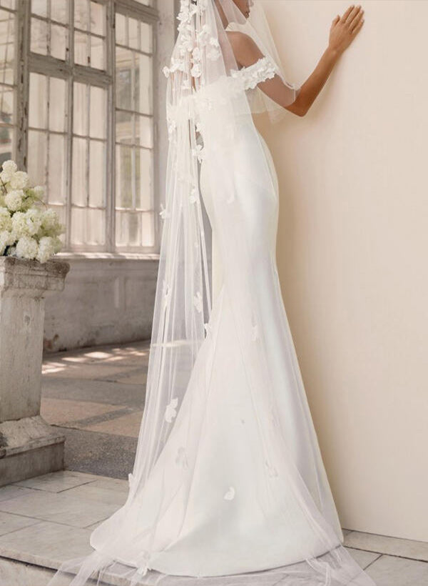 Off the shoulder Satin Court Train Wedding Dress Trumpet/Mermaid With Appliques Lace