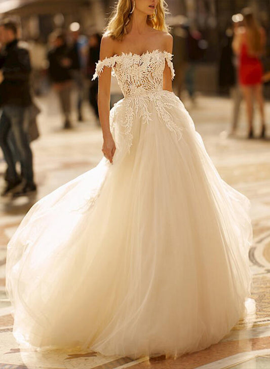 Off the shoulder Tulle Lace Sweep Train Wedding Dress