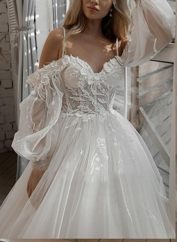 Sweetheart Tulle Lace Sweep Train Wedding Dresses With Lace