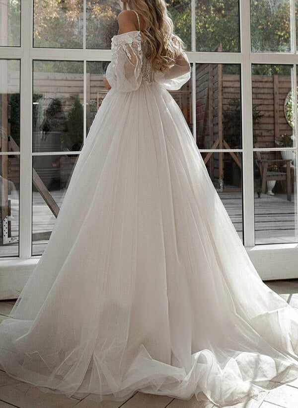 Sweetheart Tulle Lace Sweep Train Wedding Dresses With Lace